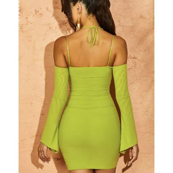 NWT Oh Polly Odyssey Fluted Sleeve Mini Dress Women's Size 8 Green Stretch Mesh - Picture 2 of 11